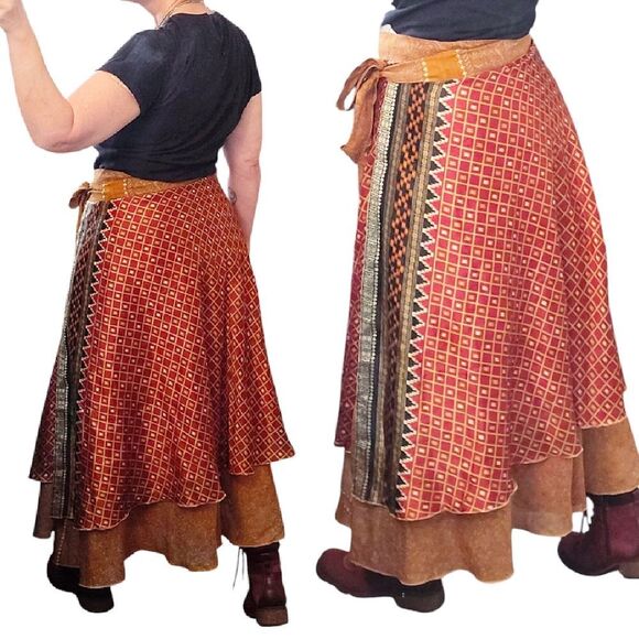 VTG Sari Red Printed Gypsy Reversible Wrap Around Silk Midi Skirt One Size - Picture 11 of 12